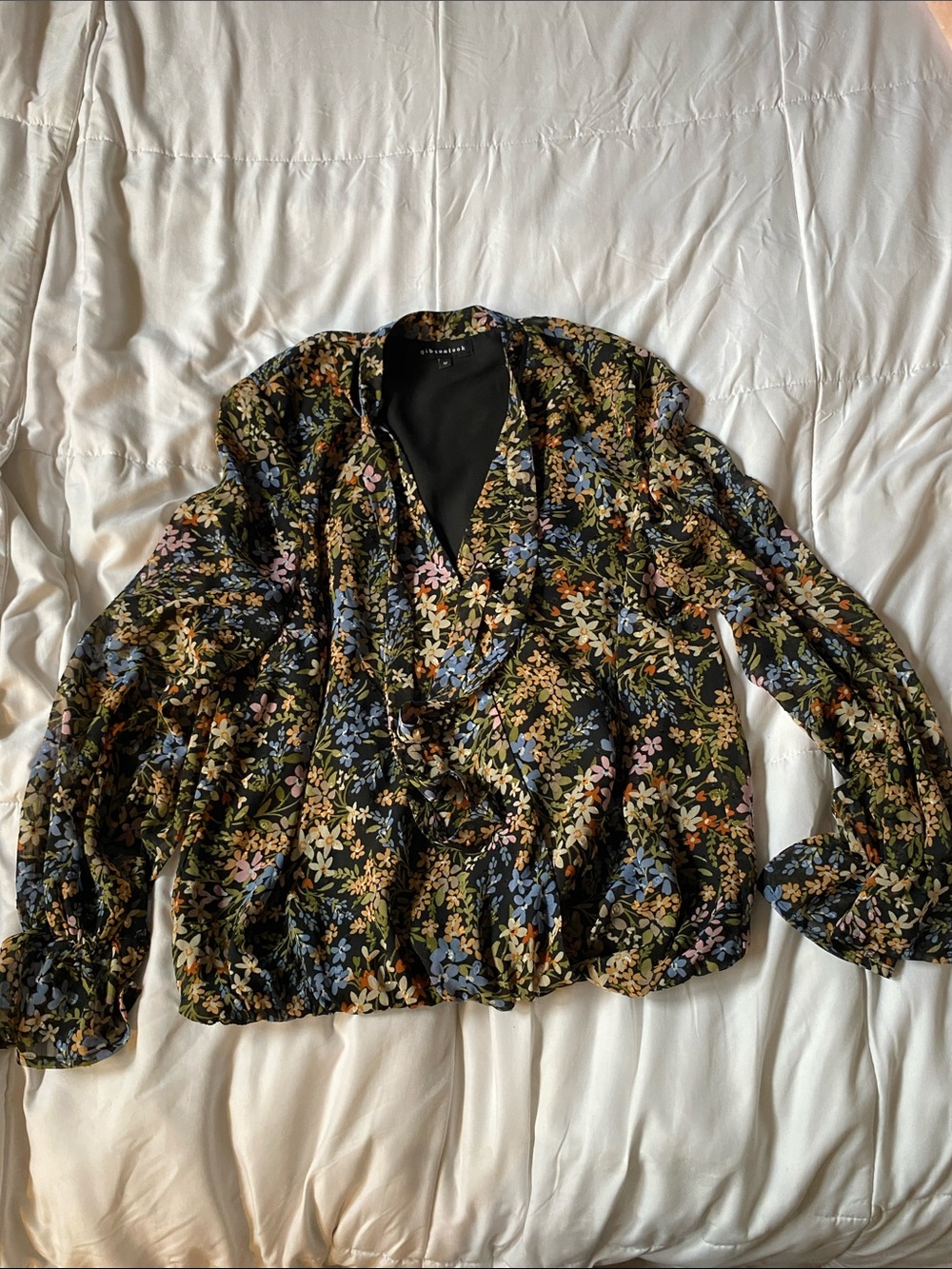 Floral V-Neck Blouse in Black with Multicolor Print